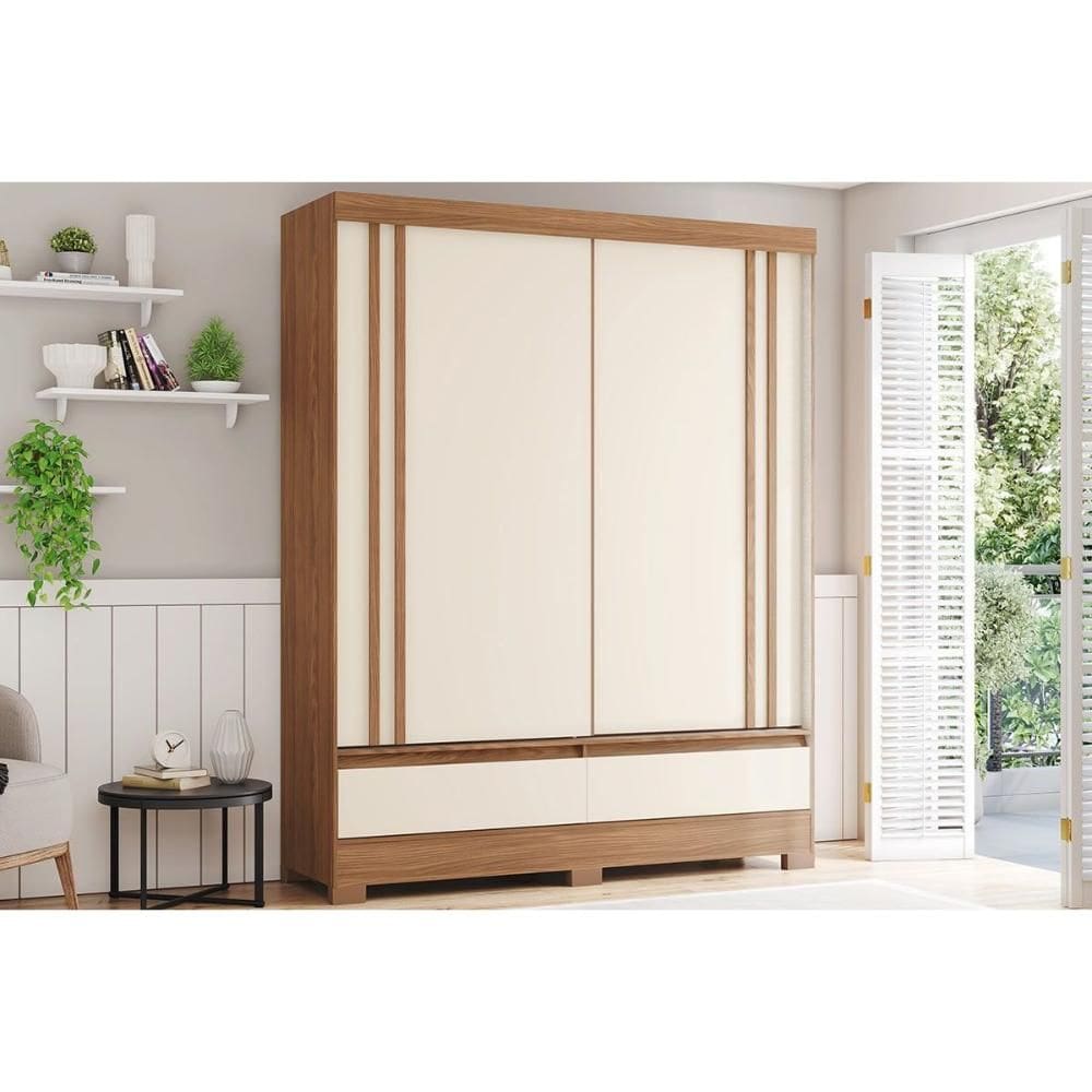 Guarda Roupas 2 Portas de Correr e 2 Gavetas c/ Pés Briz B373 Flex Nature/Off White ou Preto - Henn