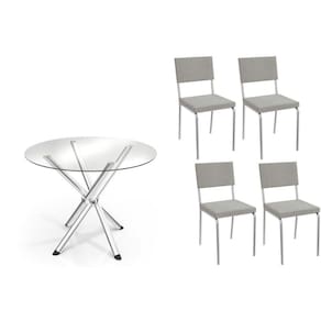 Conjunto: Mesa de Cozinha Volga c/ Tampo de Vidro 95cm e 4 Cadeiras Zaria Cromada - Boucle Cinza - Kappesberg