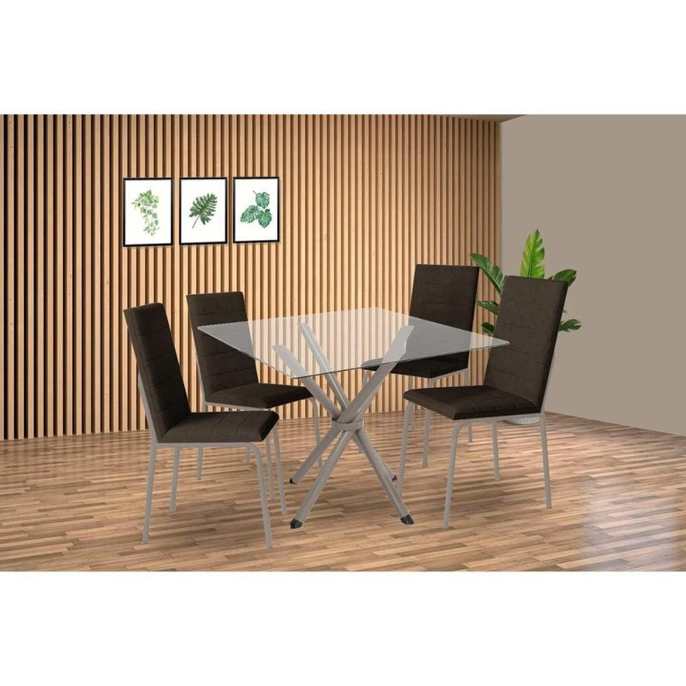 Conjunto: Mesa Sala Jantar Volga c/ Tampo de Vidro 90cm e 4 Cadeiras Amsterdã Niquel - Courano Marrom - Kappesberg