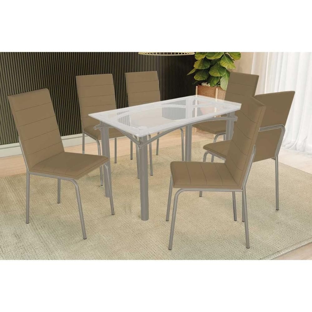 Conjunto: Mesa de Cozinha Elba c/ Tampo de Vidro 120cm e 4 Cadeiras Amsterdã Niquel - Courano Capuccino - Kappesberg