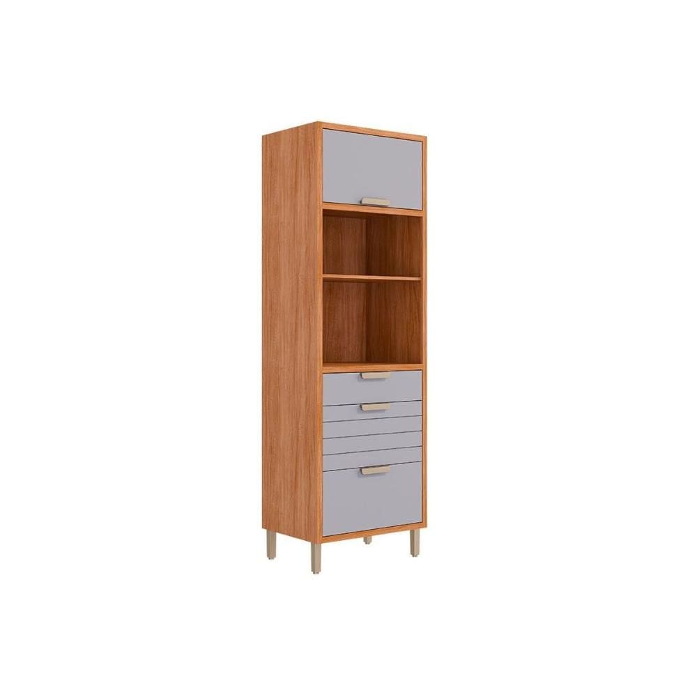 Torre Quente de Cozinha Paneleiro Eloise c/ 2 Portas Basculantes Riscadas 1 Nicho p/ Forno e 2 Gavetas 70 cm Cinamomo/Platina - MGM