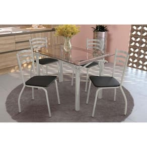 Conjunto: Mesa Sala Jantar Elba c/ Tampo de Vidro 140cm e 6 Cadeiras Portugal Niquel - Courano Preto - Kappesberg