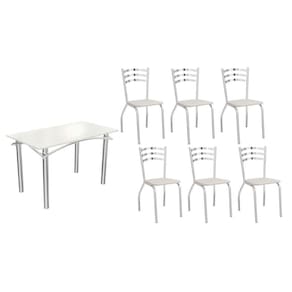 Conjunto: Mesa Sala Jantar Elba Tampo Madeirado c/ Vidro 120cm e 6 Cadeiras Portugal Cromada/Off White - Courano Branco - Kappesberg