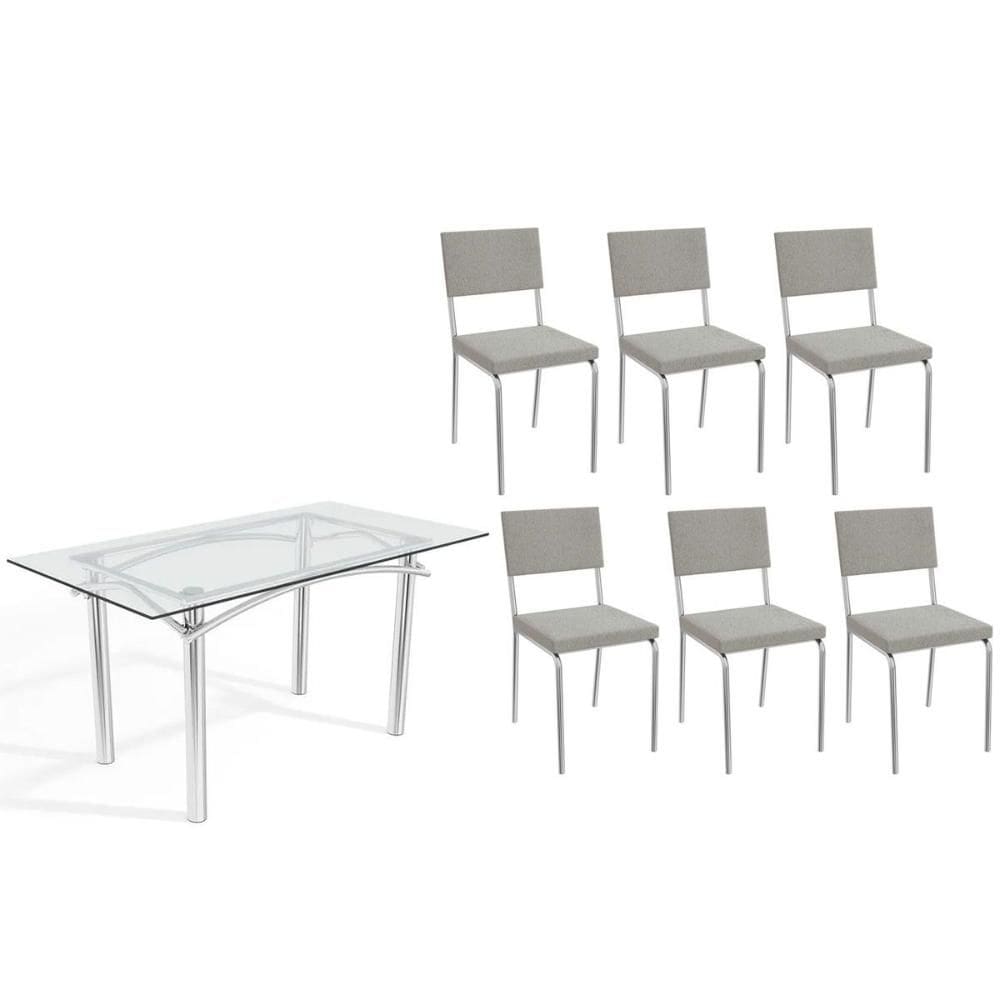 Conjunto: Mesa Sala Jantar Elba c/ Tampo de Vidro 150cm e 6 Cadeiras Zaria Cromada - Boucle Cinza - Kappesberg