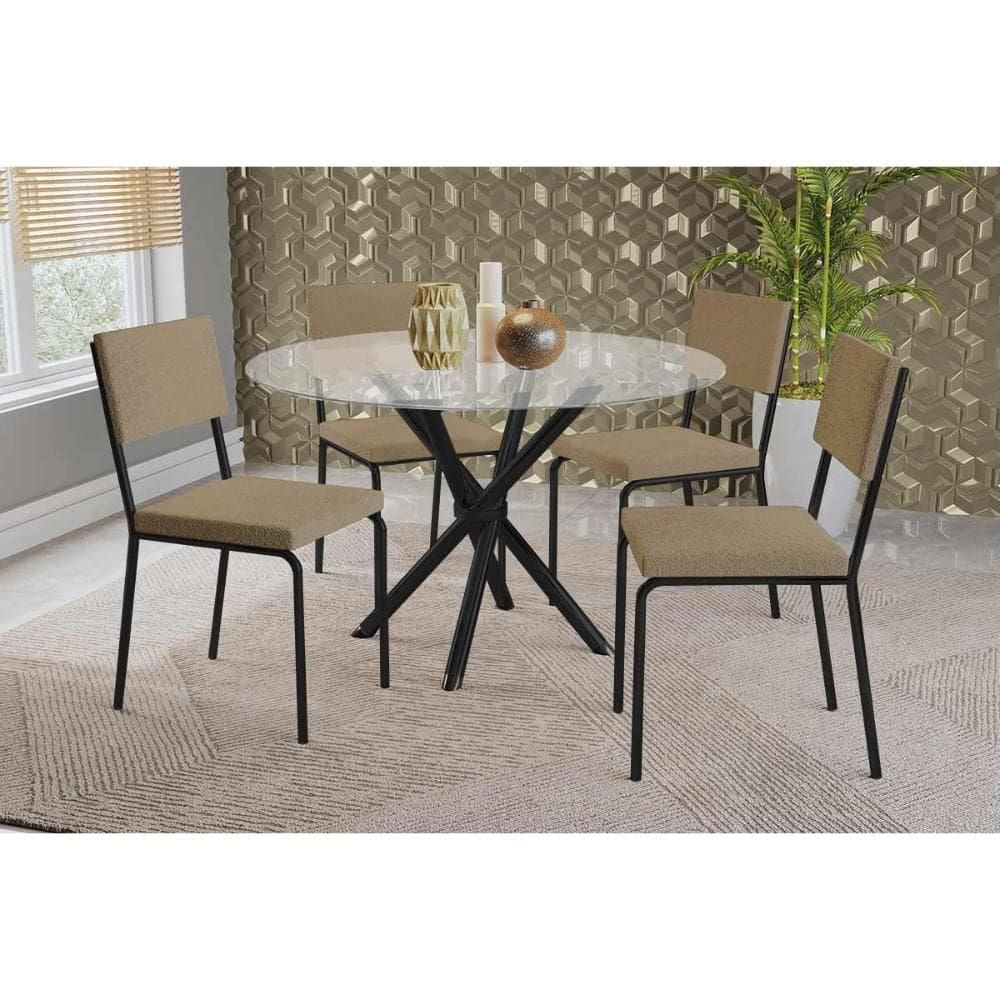 Conjunto: Mesa de Cozinha Volga c/ Tampo de Vidro 95cm e 4 Cadeiras Zaria Preto - Boucle Bege - Kappesberg