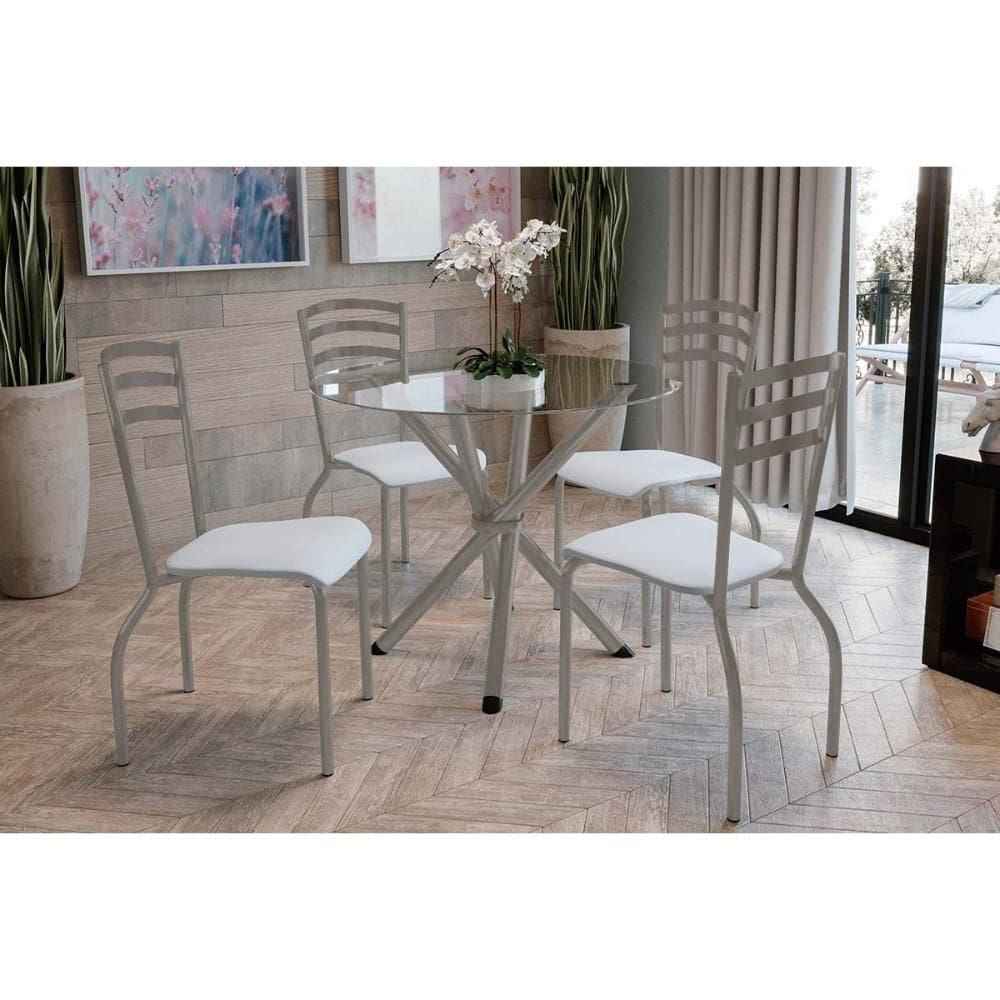 Conjunto: Mesa de Cozinha Volga c/ Tampo de Vidro 95cm e 4 Cadeiras Portugal Niquel - Courano Branco - Kappesberg