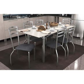 Conjunto: Mesa Sala Jantar Elba Tampo Madeirado c/ Vidro 160cm e 6 Cadeiras Portugal Cromada/Off White - Courano Preto - Kappesberg