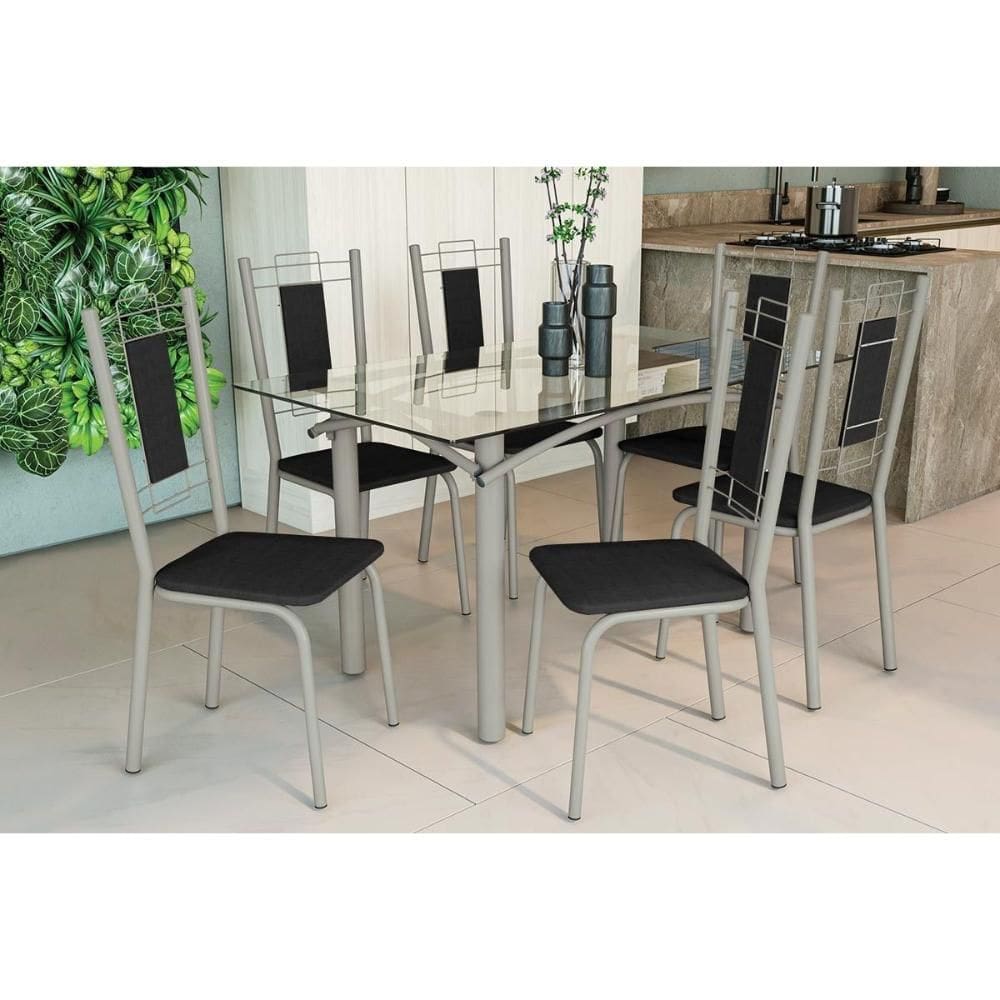 Conjunto: Mesa de Cozinha Elba c/ Tampo de Vidro 150cm e 6 Cadeiras Florença Niquel - Courano Preto - Kappesberg