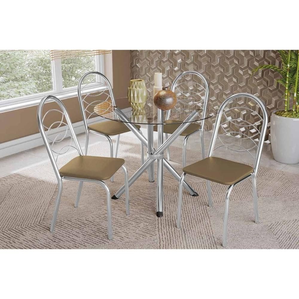 Conjunto: Mesa de Cozinha Volga c/ Tampo de Vidro 95cm e 4 Cadeiras Holanda Cromada - Courano Capuccino - Kappesberg