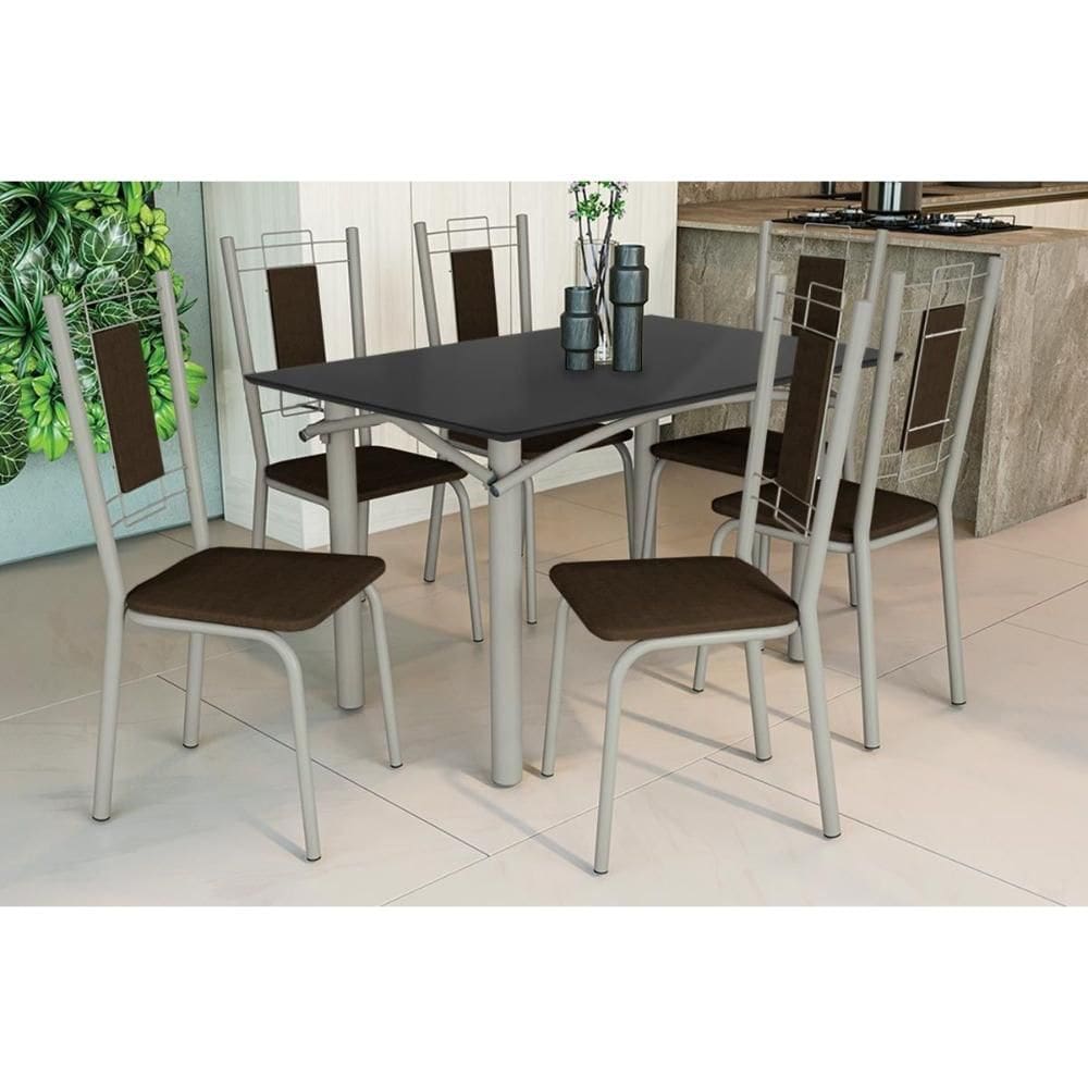 Conjunto: Mesa de Cozinha Elba Tampo Madeirado c/ Vidro 120cm e 6 Cadeiras Florença Niquel/Preto - Courano Marrom - Kappesberg