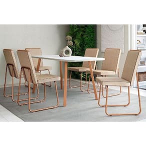 Sala de Jantar Completa Ariel Maior 1601 Tampo Madeirado c/ Vidro 160x80cm e 6 Cadeiras Lira Rose/Off White - Rose/Areia - Caramelo - Carraro