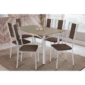 Conjunto: Mesa de Cozinha Elba Tampo Madeirado c/ Vidro 120cm e 6 Cadeiras Lisboa Cromada/Freijo Bronze - Courano Marrom - Kappesberg