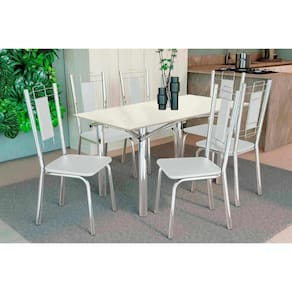 Conjunto: Mesa de Cozinha Elba Tampo Madeirado c/ Vidro 120cm e 6 Cadeiras Florença Cromada/Off White - Courano Branco - Kappesberg
