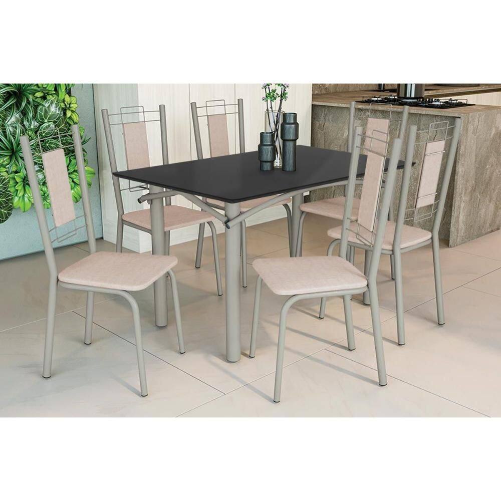 Conjunto: Mesa de Cozinha Elba Tampo Madeirado c/ Vidro 120cm e 6 Cadeiras Florença Niquel/Preto - Courano Bege - Kappesberg