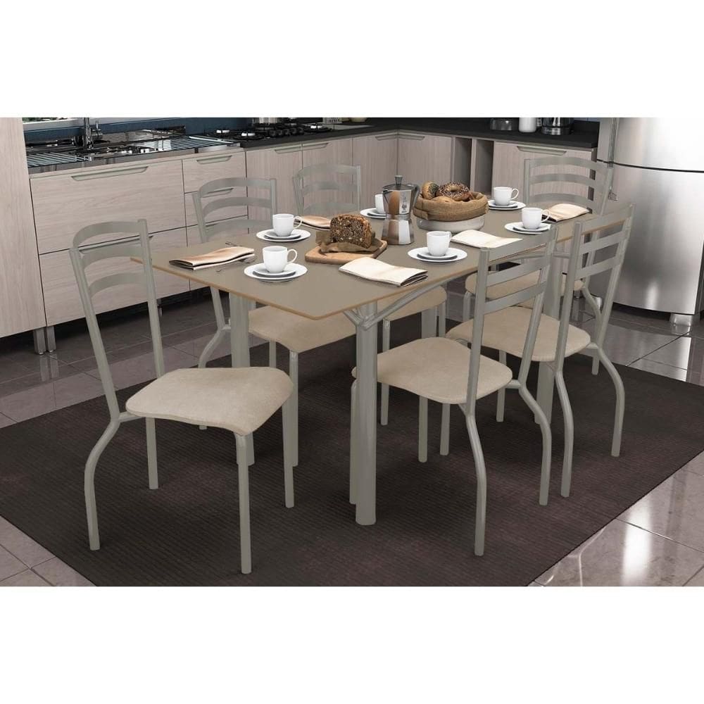 Conjunto: Mesa de Cozinha Elba Tampo Madeirado c/ Vidro 160cm e 6 Cadeiras Portugal Niquel/Freijo Bronze - Courano Bege - Kappesberg