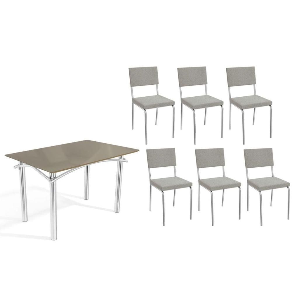 Conjunto: Mesa de Cozinha Elba Tampo Madeirado c/ Vidro 120cm e 6 Cadeiras Zaria Cromada/Freijo Bronze - Boucle Cinza - Kappesberg