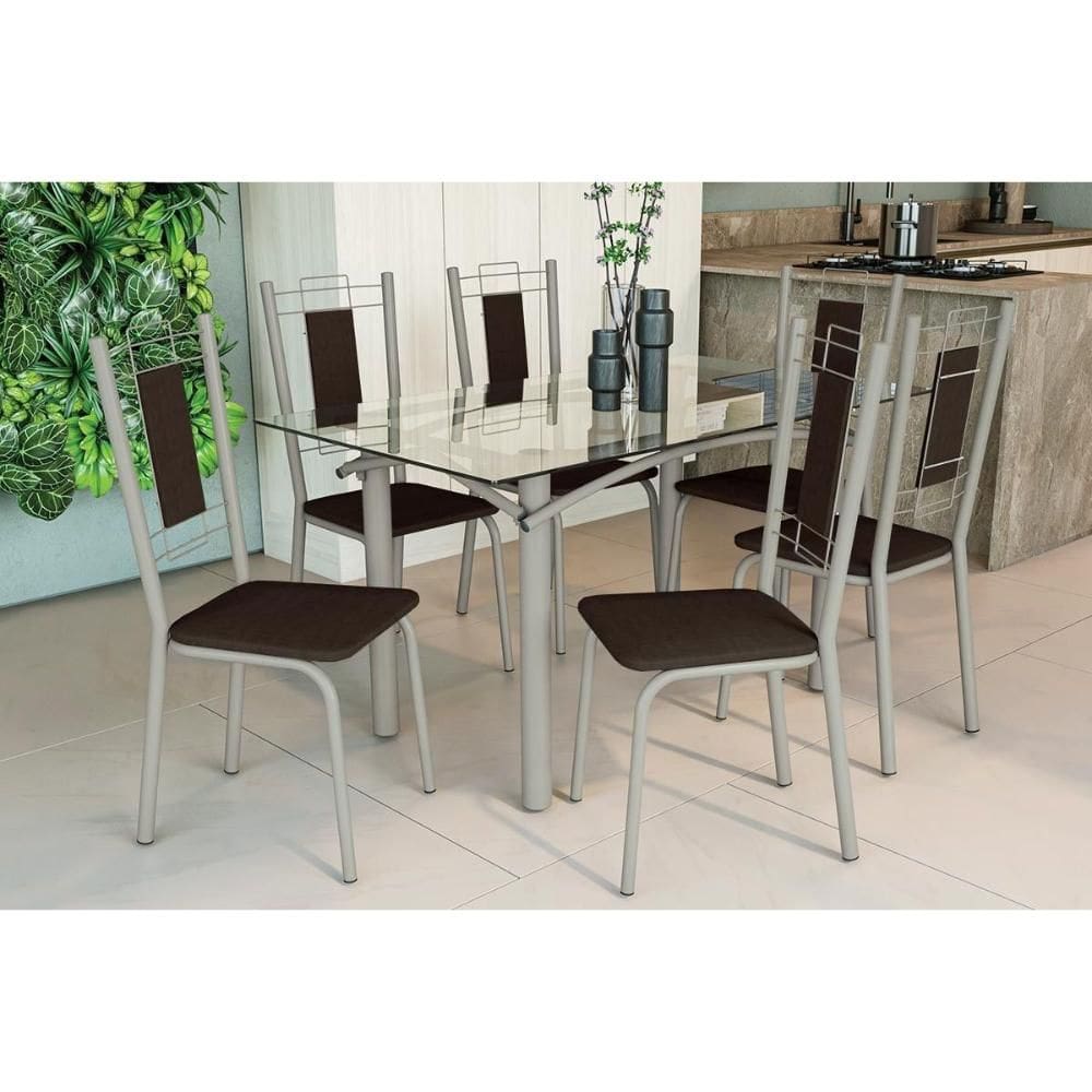 Conjunto: Mesa de Cozinha Elba c/ Tampo de Vidro 150cm e 6 Cadeiras Florença Niquel - Courano Marrom - Kappesberg