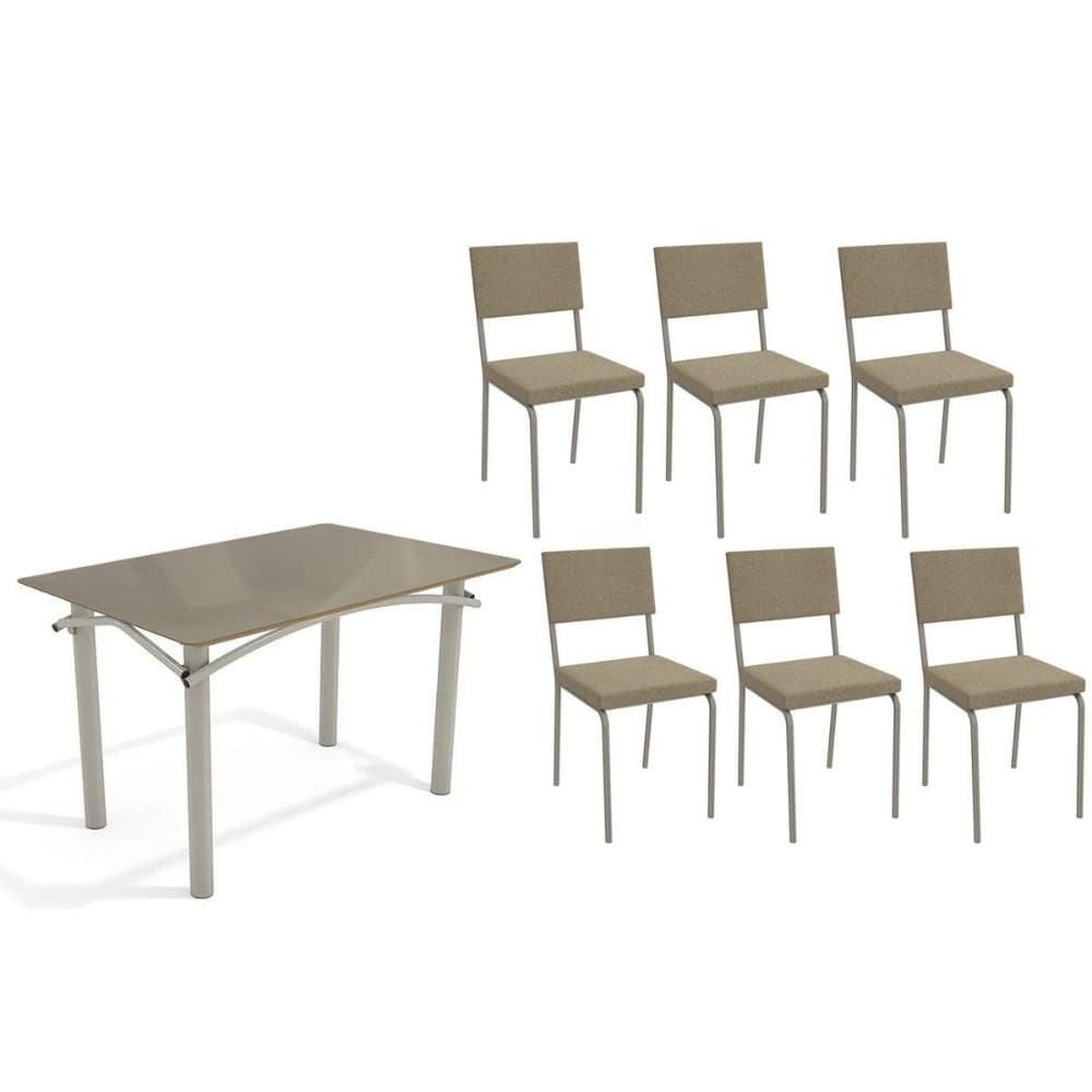 Conjunto: Mesa de Cozinha Elba Tampo Madeirado c/ Vidro 120cm e 6 Cadeiras Zaria Niquel/Freijo Bronze - Boucle Bege - Kappesberg