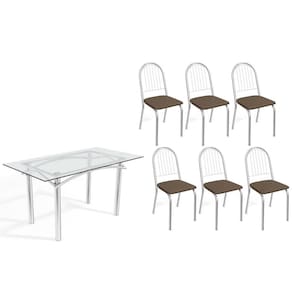 Conjunto: Mesa Sala Jantar Elba c/ Tampo de Vidro 150cm e 6 Cadeiras Noruega Cromada - Courano Marrom - Kappesberg