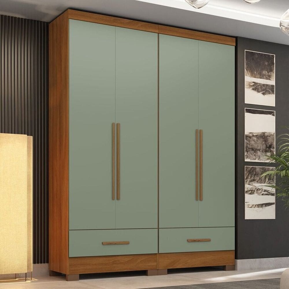 Quarto Modulado 2 Peças 4 Portas 2 Gavetas Smart Plus Espresso Móveis Cinamomo/Verde