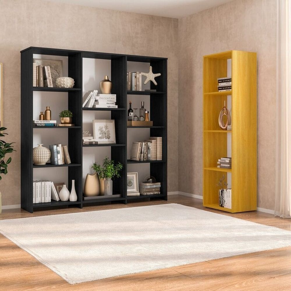 Kit com 1 Estante Livreiro 11 Nichos Odelia e 1 Estante Modular 4 Nichos Calum Preto/Freijó