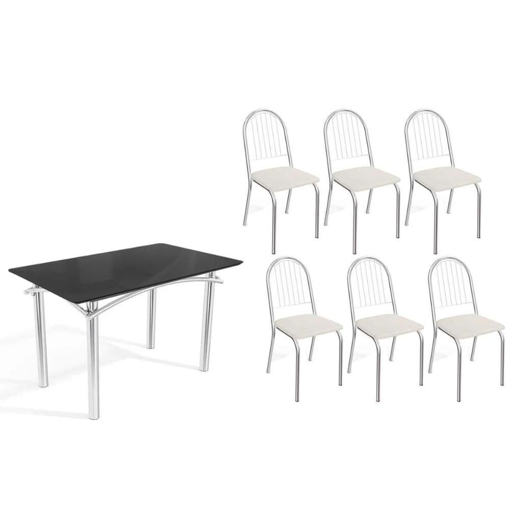 Conjunto: Mesa Sala Jantar Elba Tampo Madeirado c/ Vidro 120cm e 6 Cadeiras Noruega Cromada/Preto - Courano Branco - Kappesberg