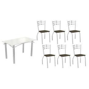Conjunto: Mesa Sala Jantar Elba Tampo Madeirado c/ Vidro 120cm e 6 Cadeiras Portugal Cromada/Off White - Courano Marrom - Kappesberg