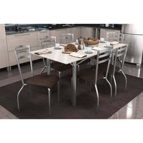Conjunto: Mesa Sala Jantar Elba Tampo Madeirado c/ Vidro 160cm e 6 Cadeiras Portugal Cromada/Off White - Courano Marrom - Kappesberg