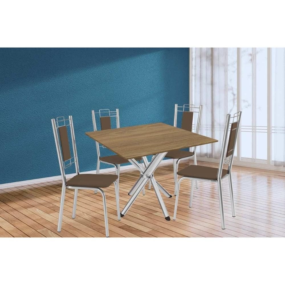 Conjunto: Mesa de Cozinha Volga c/ Tampo de Madeira 90cm e 4 Cadeiras Florença Cromado/Nogueira - Marrom - Kappesberg