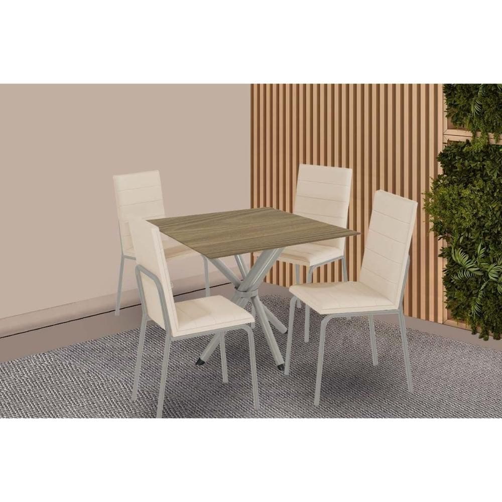 Conjunto: Mesa de Cozinha Volga c/ Tampo de Madeira 90cm e 4 Cadeiras Amsterdã Niquel - Bege - Kappesberg