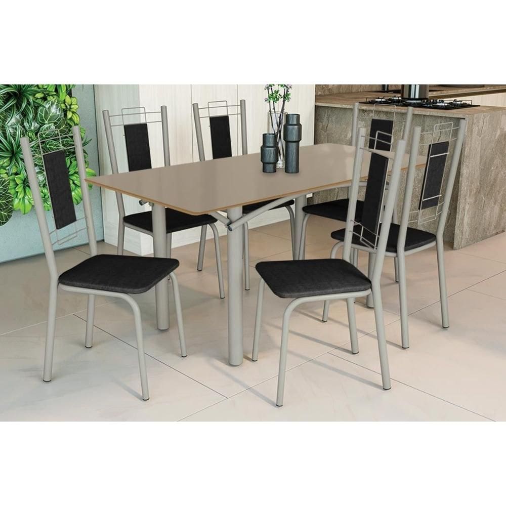 Conjunto: Mesa de Cozinha Elba Tampo Madeirado c/ Vidro 160cm e 6 Cadeiras Florença Niquel/Freijo Bronze - Courano Preto - Kappesberg