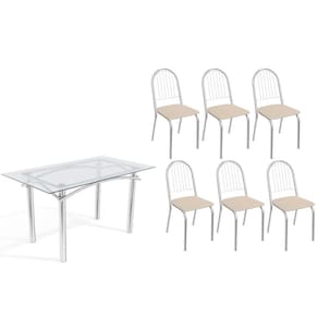 Conjunto: Mesa de Cozinha Elba c/ Tampo de Vidro 140cm e 6 Cadeiras Noruega Cromada - Courano Bege - Kappesberg
