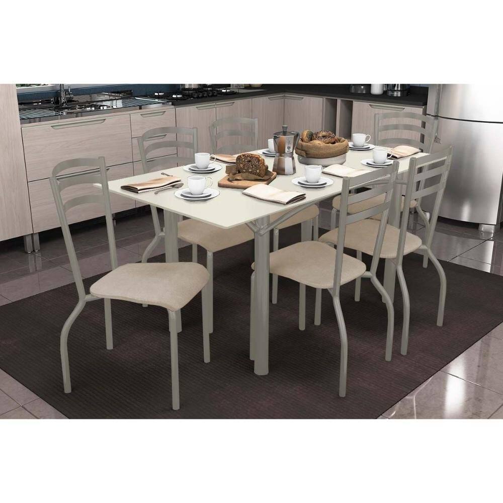 Conjunto: Mesa de Cozinha Elba Tampo Madeirado c/ Vidro 160cm e 6 Cadeiras Portugal Niquel/Off White - Courano Bege - Kappesberg
