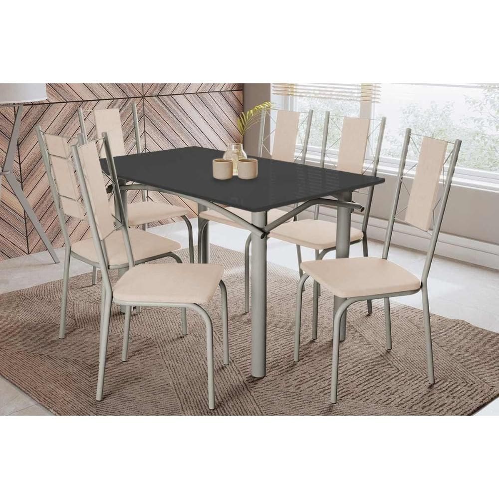 Conjunto: Mesa de Cozinha Elba Tampo Madeirado c/ Vidro 120cm e 6 Cadeiras Lisboa Niquel/Preto - Courano Bege - Kappesberg