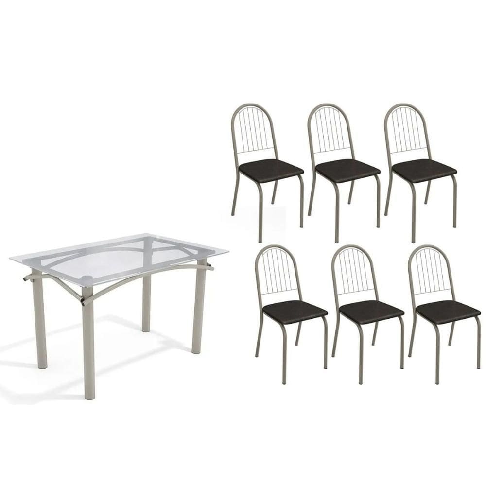 Conjunto: Mesa de Cozinha Elba c/ Tampo de Vidro 120cm e 6 Cadeiras Noruega Niquel - Courano Preto - Kappesberg