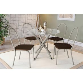 Conjunto: Mesa Sala Jantar Volga c/ Tampo de Vidro 95cm e 4 Cadeiras Noruega Niquel - Courano Marrom - Kappesberg