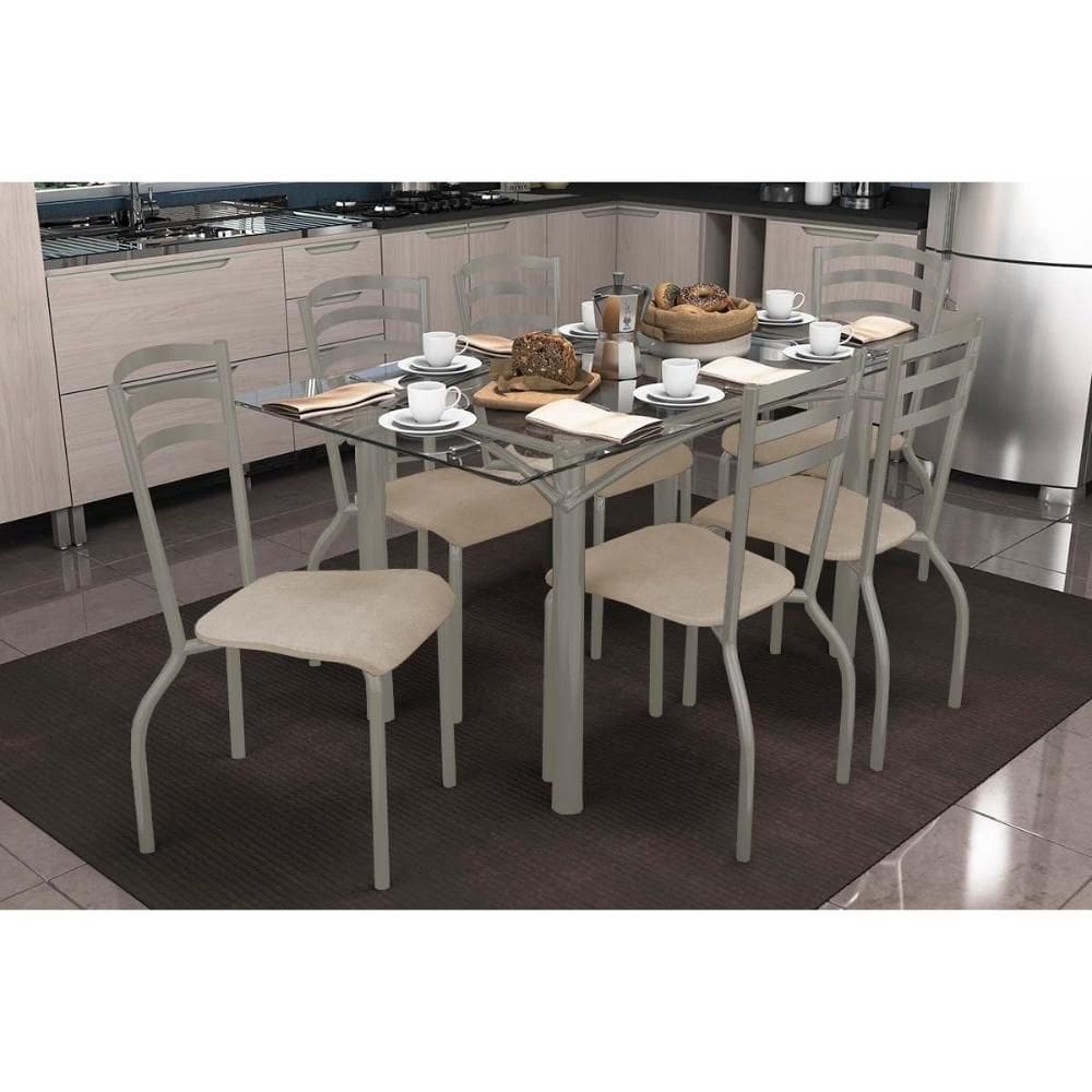 Conjunto: Mesa de Cozinha Elba c/ Tampo de Vidro 150cm e 6 Cadeiras Portugal Niquel - Courano Bege - Kappesberg