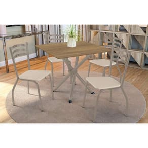 Conjunto: Mesa Sala Jantar Volga c/ Tampo de Madeira 90cm e 4 Cadeiras Portugal Niquel/Nogueira - Bege - Kappesberg