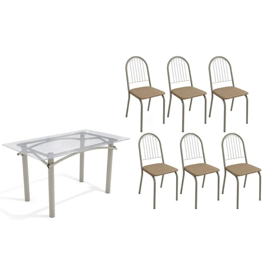 Conjunto: Mesa de Cozinha Elba c/ Tampo de Vidro 140cm e 6 Cadeiras Noruega Niquel - Courano Capuccino - Kappesberg