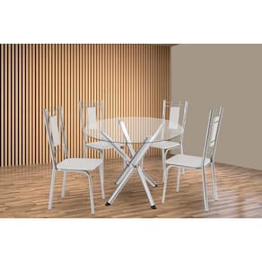 Conjunto: Mesa de Cozinha Volga c/ Tampo de Vidro 95cm e 4 Cadeiras Florença Cromada - Courano Branco - Kappesberg