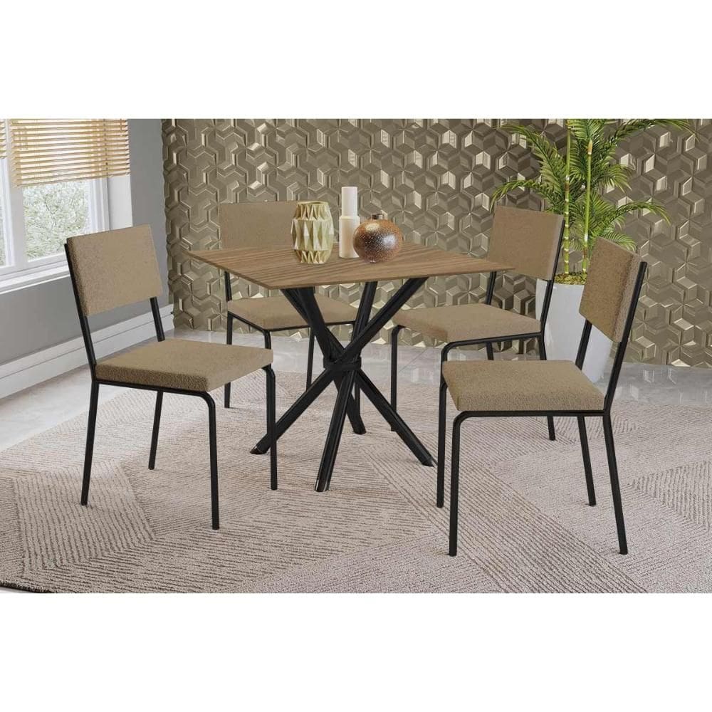 Conjunto: Mesa Sala Jantar Volga c/ Tampo de Madeira 90cm e 4 Cadeiras Zaria Preto/Nogueira - Boucle Bege - Kappesberg
