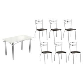 Conjunto: Mesa Sala Jantar Elba Tampo Madeirado c/ Vidro 120cm e 6 Cadeiras Portugal Cromada/Off White - Courano Preto - Kappesberg