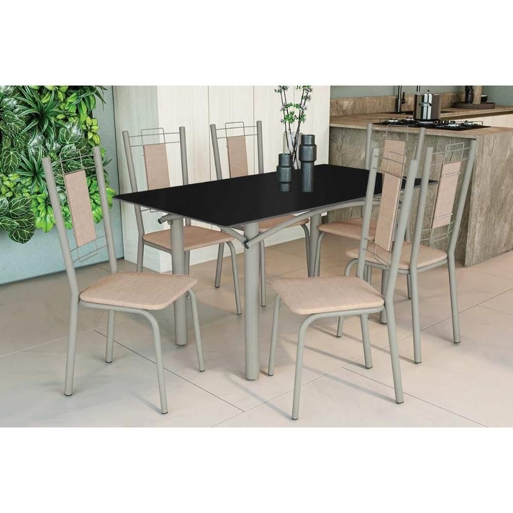 Conjunto: Mesa de Cozinha Elba Tampo Madeirado c/ Vidro 160cm e 6 Cadeiras Florença Niquel/Preto - Courano Bege - Kappesberg