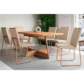 Conjunto: Mesa Sala Jantar Átria 1592 Aço c/ Tampo Madeirado 160x90cm e 6 Cadeiras Lira Rose/Freijo/Nogal - Rose/Areia - Caramelo - Carraro
