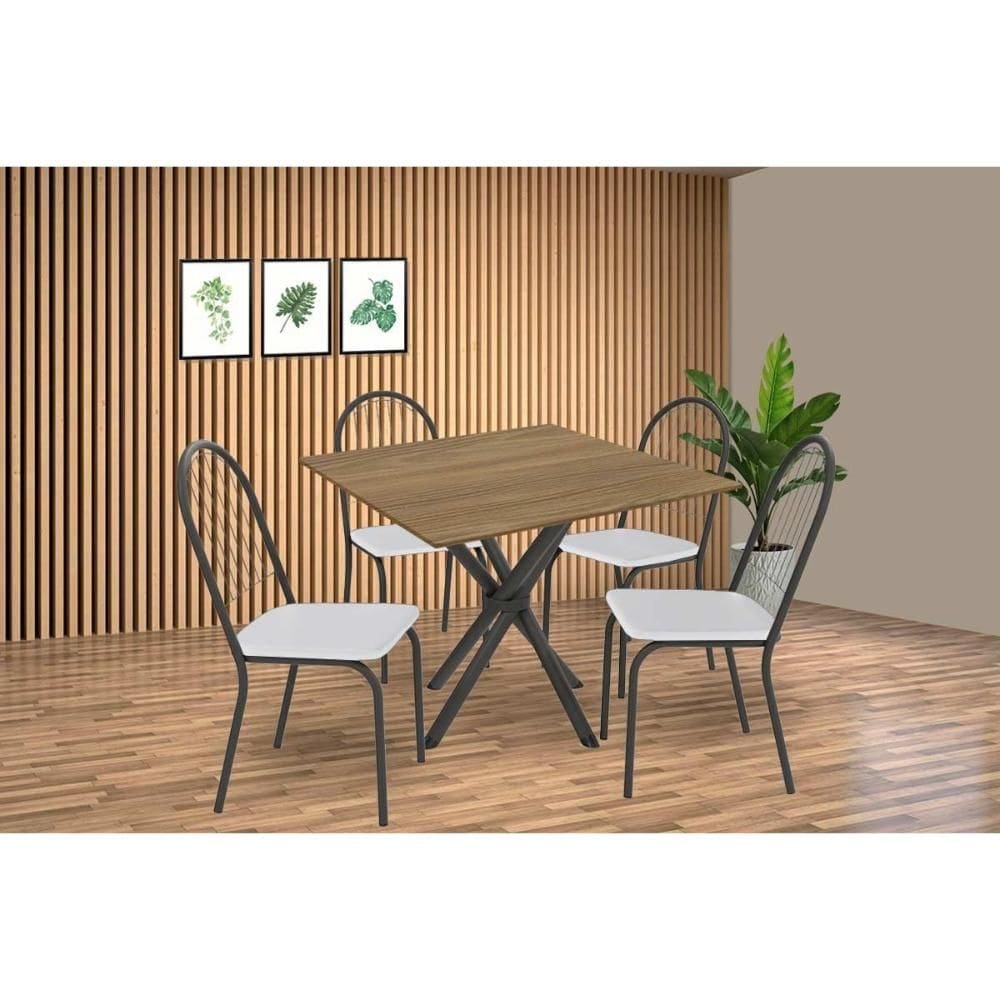 Conjunto: Mesa de Cozinha Volga c/ Tampo de Madeira 90cm e 4 Cadeiras Noruega Preto/Nogueira - Branco - Kappesberg