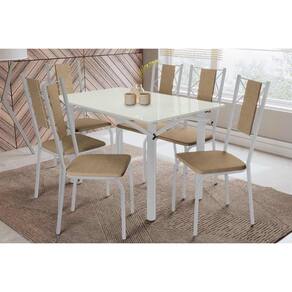 Conjunto: Mesa Sala Jantar Elba Tampo Madeirado c/ Vidro 120cm e 6 Cadeiras Lisboa Cromada/Off White - Courano Capuccino - Kappesberg