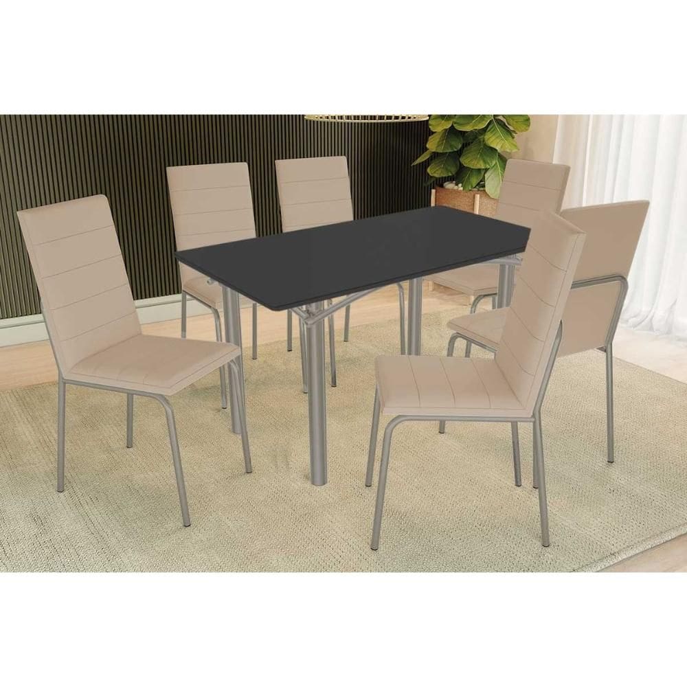 Conjunto: Mesa de Cozinha Elba Tampo Madeirado c/ Vidro 160cm e 6 Cadeiras Amsterdã Niquel/Preto - Courano Bege - Kappesberg