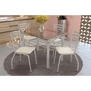 Conjunto: Mesa Sala Jantar Elba c/ Tampo de Vidro 120cm e 4 Cadeiras Portugal Niquel - Courano Bege - Kappesberg
