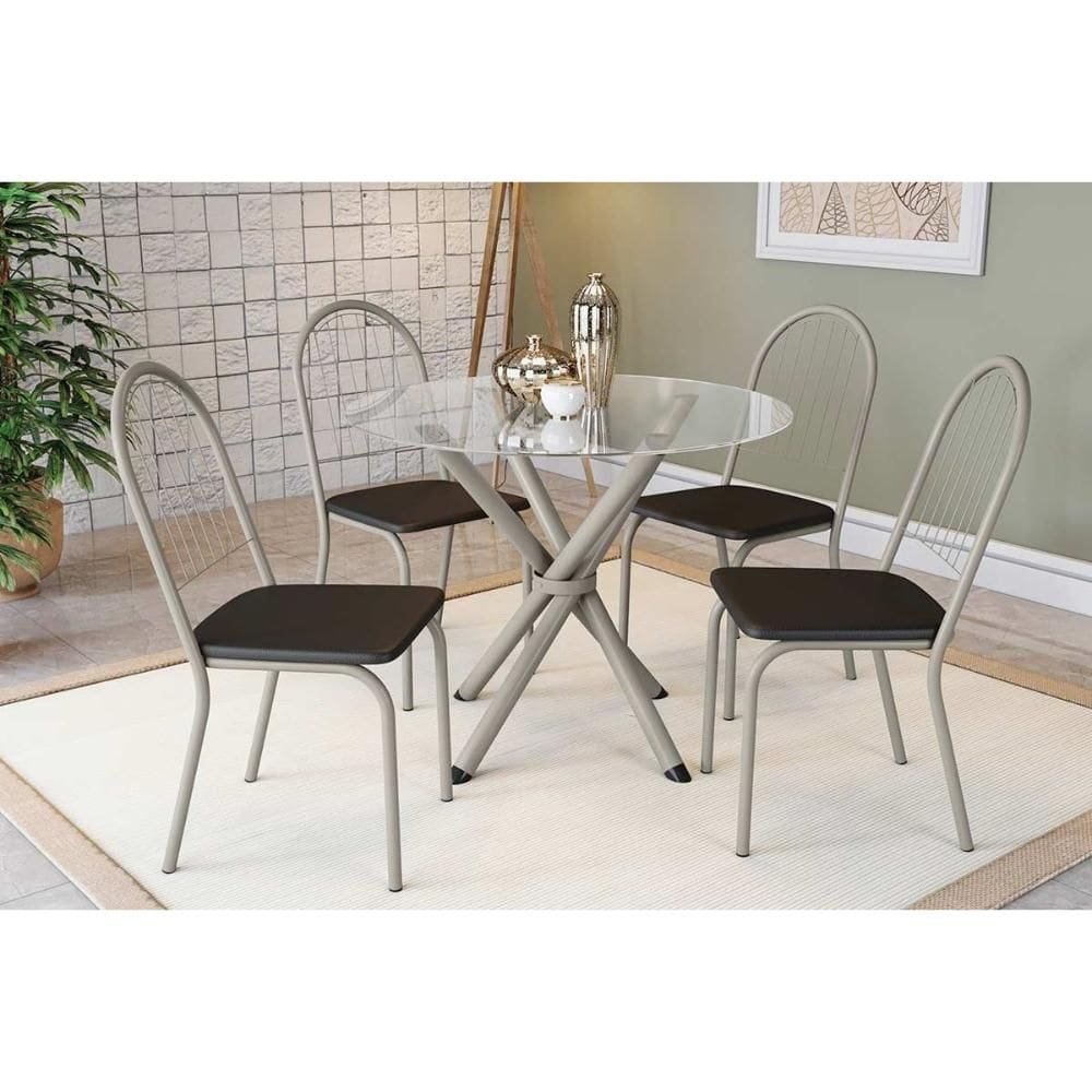 Conjunto: Mesa de Cozinha Volga c/ Tampo de Vidro 95cm e 4 Cadeiras Noruega Niquel - Courano Preto - Kappesberg