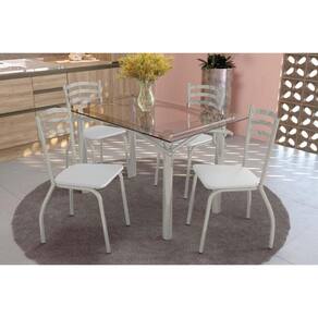 Conjunto: Mesa Sala Jantar Elba c/ Tampo de Vidro 140cm e 6 Cadeiras Portugal Niquel - Courano Branco - Kappesberg